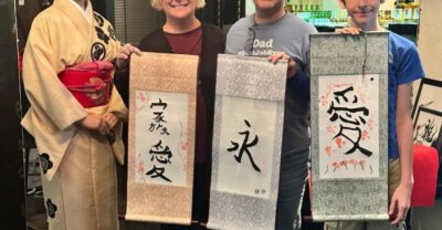 Calligraphy on Kanji Fan & Scroll with Drink